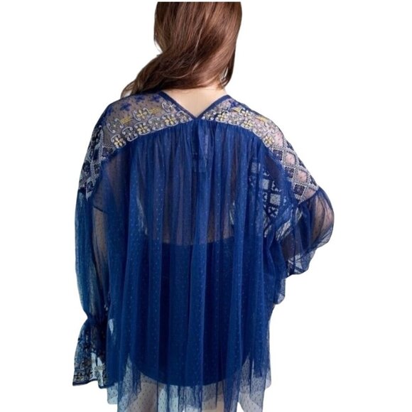 Free People Joyride Sheer Navy Bohemian Tulle Embroidered Top Size S - Picture 4 of 14